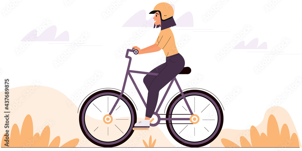 Young woman wearing a protective helmet rides a bicycle. The concept of a healthy lifestyle. Colorful vector illustration in flat style Young woman wearing a protective helmet rides a bicycle. The concept of a healthy lifestyle. Colorful vector illustration in flat style