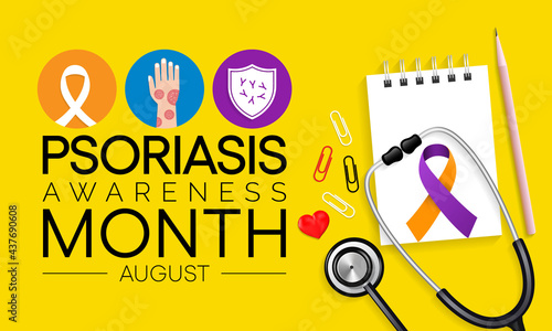 Psoriasis awareness month is observed every year in August  it is a skin condition that causes red  flaky  crusty patches of skin covered with silvery scales. Vector illustration