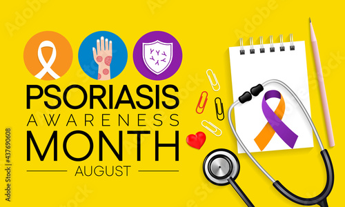 Psoriasis awareness month is observed every year in August, it is a skin condition that causes red, flaky, crusty patches of skin covered with silvery scales. Vector illustration