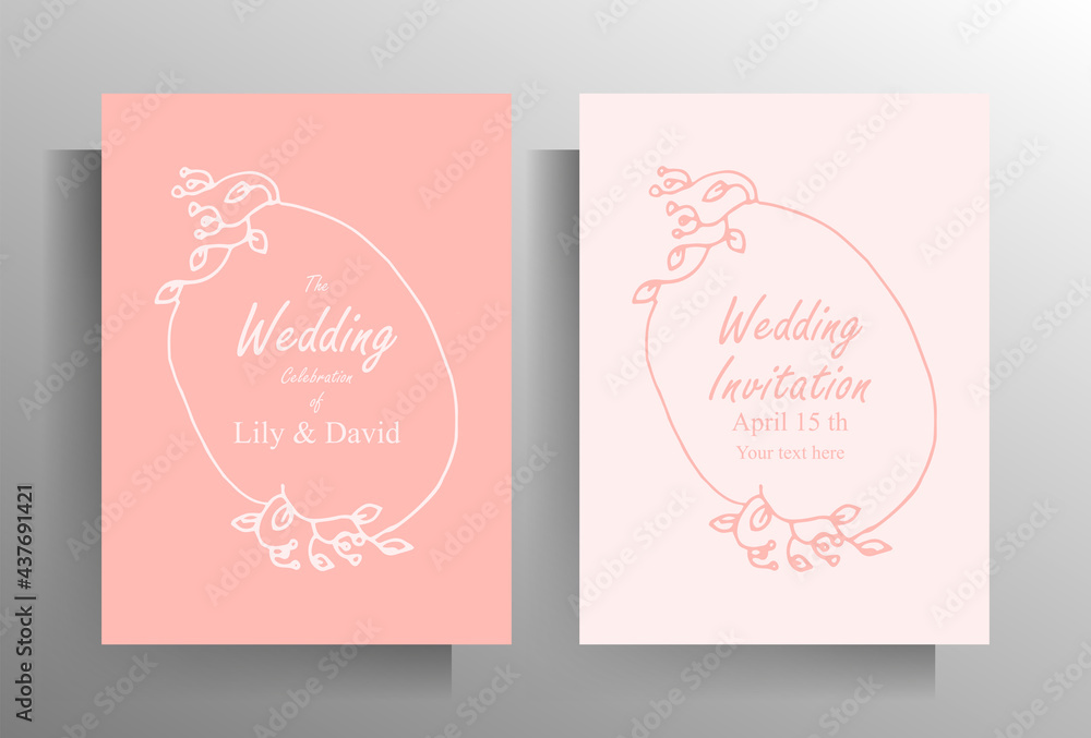Design wedding invitation template set. Hand-drawn floral doodle frame for your text. Vector illustration of gentle pastel colors.