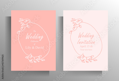 Design wedding invitation template set. Hand-drawn floral doodle frame for your text. Vector illustration of gentle pastel colors.