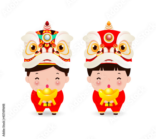 Happy Chinese new year, china boy and girl in chinese costume and lion dance head,  Cartoon children vector illustration isolated on white background
