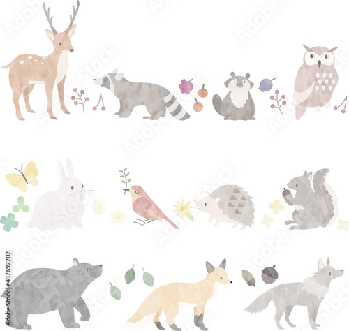 水彩風の森の動物たちのイラスト(罫線)