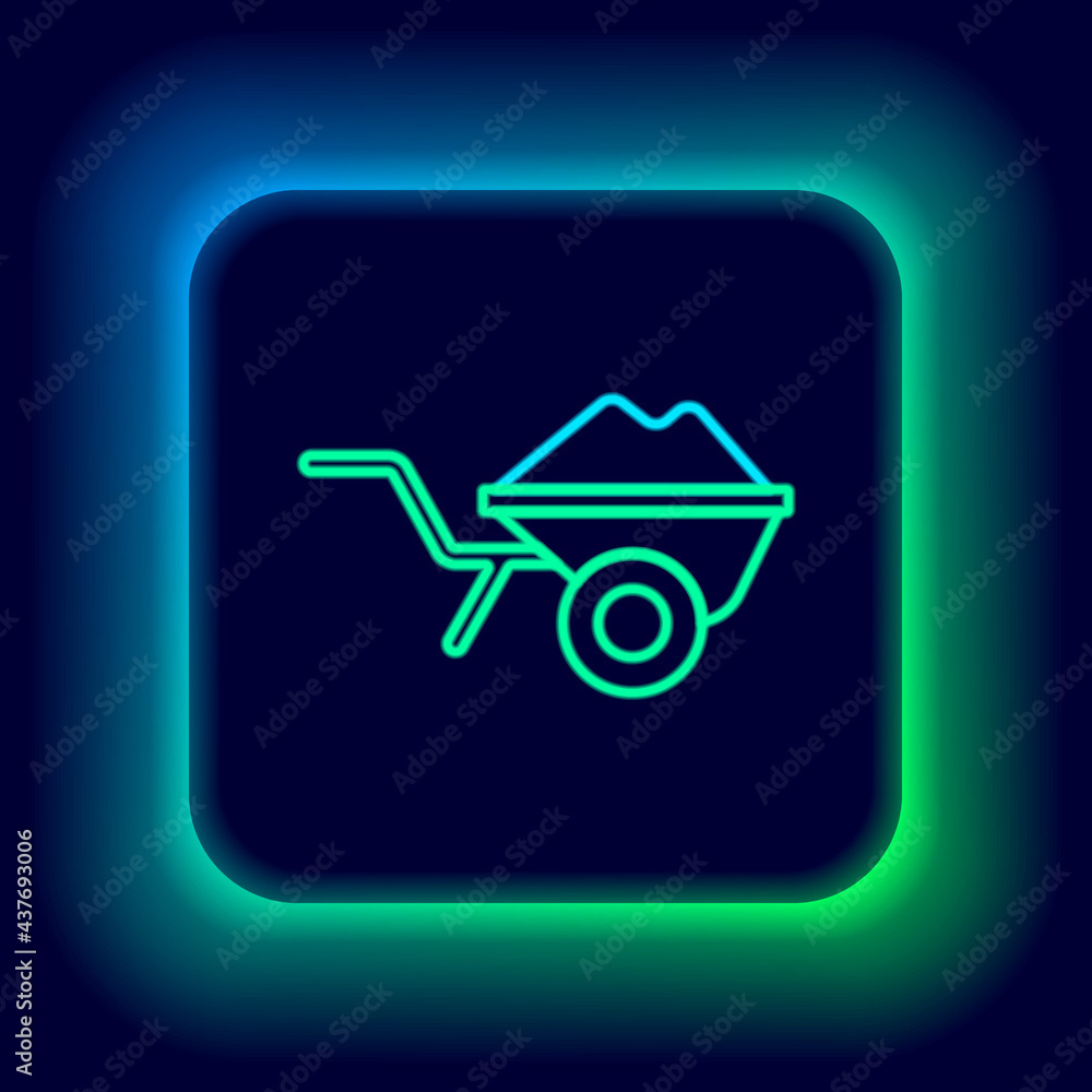 Glowing neon line Wheelbarrow with dirt icon isolated on black background. Tool equipment. Agriculture cart wheel farm. Colorful outline concept. Vector Glowing neon line Wheelbarrow with dirt icon isolated on black background. Tool equipment. Agriculture cart wheel farm. Colorful outline concept. Vector