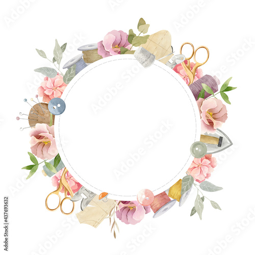 Round frame (wreath) - sewing illustration with scissors, needles, reel of thread decorated with flowers. Soft pastel colors.