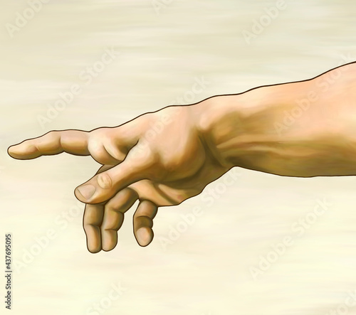 Part of Michelangelo Buonarroti fresco painting "The Creation of Adam". Biblical God's right arm. Redrawing and restoration with digital supplies by Mira Kunstler. 300 dpi resolution. 24-bit image. 