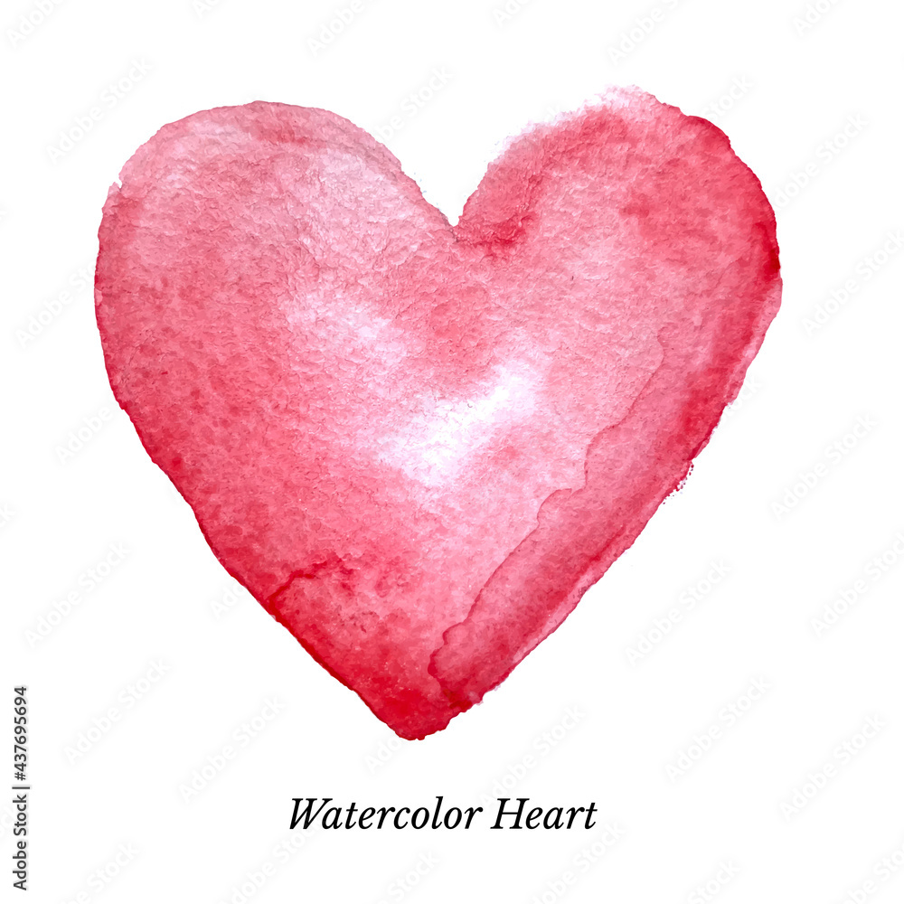 Pink heart watercolor shape. Red hand drawn shape vector illustration. Painted with watercolour paints and brushes symbol. Romantic decorative love sign on white background