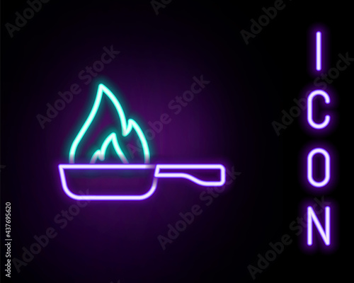 Glowing neon line Frying pan icon isolated on black background. Fry or roast food symbol. Colorful outline concept. Vector