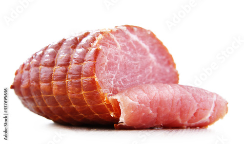 Piece of smoked ham isolated on white. Meatworks product