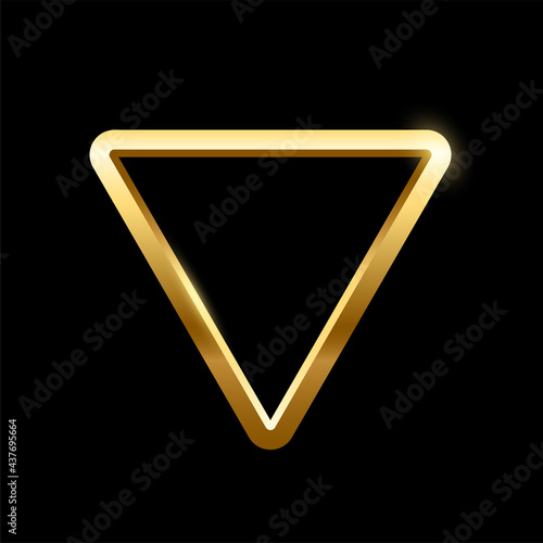 Gold triangle frame for picture on black background. Blank space for picture, painting, card or photo. 3d realistic modern template vector illustration. Simple golden object mockup