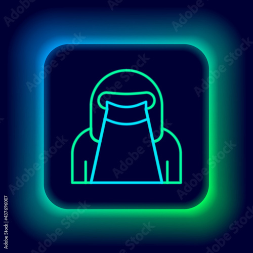 Glowing neon line Muslim woman in niqab icon isolated on black background. Colorful outline concept. Vector