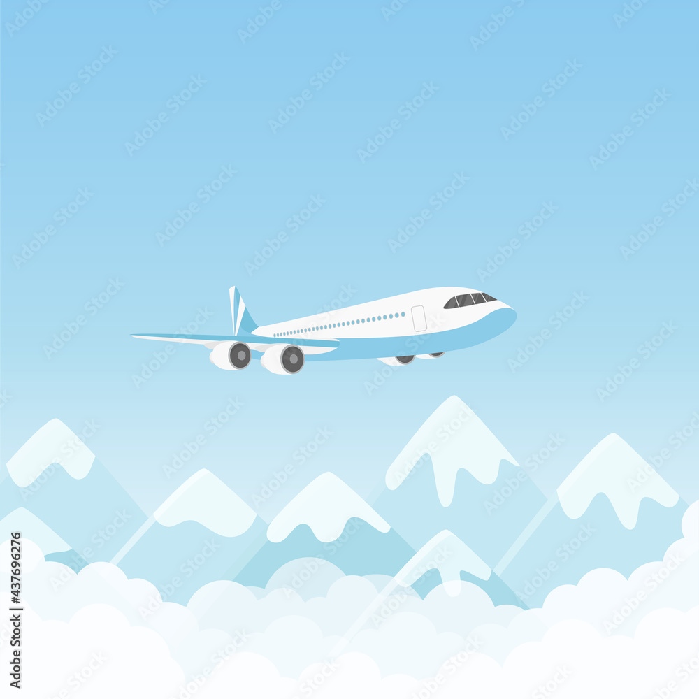 Airplane flight, air plane flying over mountains in blue sky vector illustration. Cartoon charter aircraft with passengers or cargo freight transport travel, international transportation background