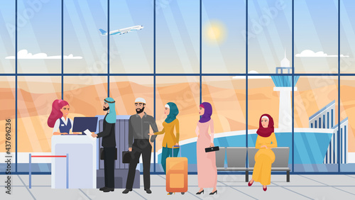 Saudi arab people waiting in line in airport hall terminal vector illustration. Cartoon young woman in hijab, man in robe with travel bag suitcases, muslim characters at flight registration background