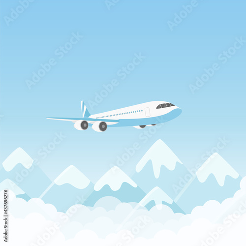 Airplane flight, air plane flying over mountains in blue sky vector illustration. Cartoon charter aircraft with passengers or cargo freight transport travel, international transportation background