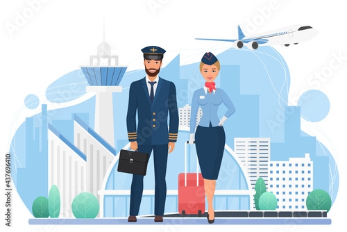 Aircraft crew people in modern airport vector illustration. Cartoon stewardess and pilot characters standing together, international airlines service persons holding travel bags isolated on white