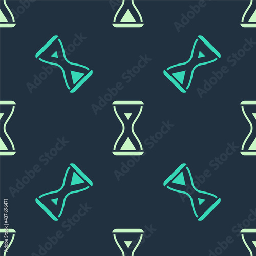 Green and beige Sauna hourglass icon isolated seamless pattern on blue background. Sauna timer. Vector