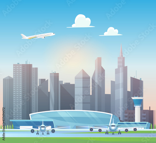 Modern airport terminal, airplane taking off into sky above office skyscrapers vector illustration. Cartoon aeroplanes stand on airfield runway, control tower buildings, airport structure background photo