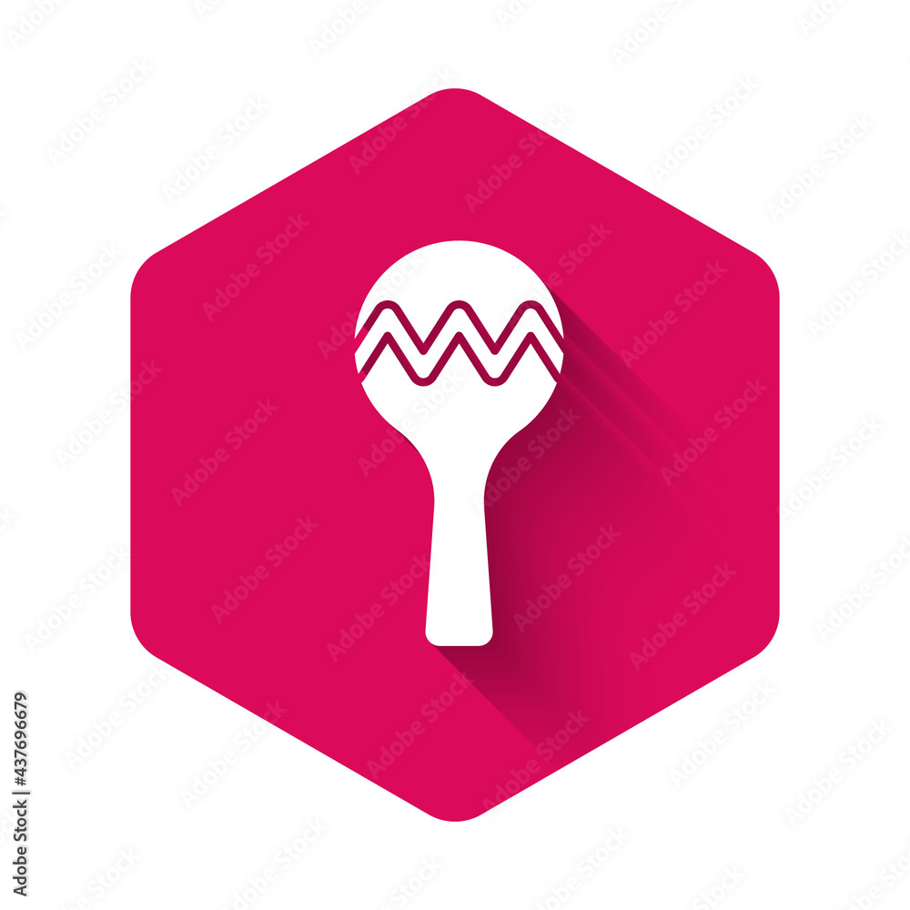 White Maracas icon isolated with long shadow background. Music maracas instrument mexico. Pink hexagon button. Vector White Maracas icon isolated with long shadow background. Music maracas instrument mexico. Pink hexagon button. Vector