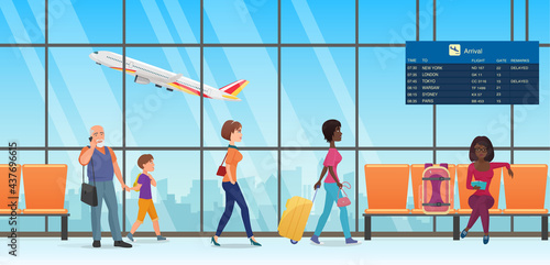 People passengers in international departure airport terminal interior vector illustration. Cartoon family tourist characters walking, talking by phone, waiting and sitting in chairs background