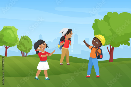 Happy children hike in summer park nature landscape vector illustration. Cartoon preschool funny boy girl child characters with backpacks hiking, diverse kids hikers tourists camping background