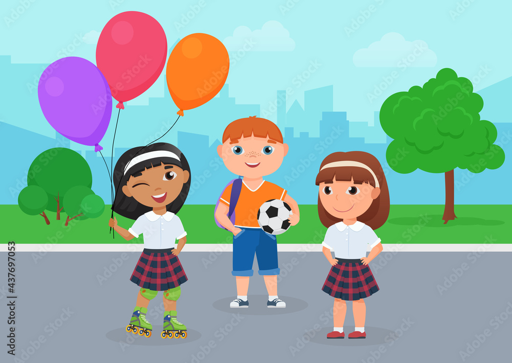 Happy friends children in school uniform stand together in park vector illustration. Cartoon girl in roller skates holding balloons, boy holding ball to play football, kids friendship background