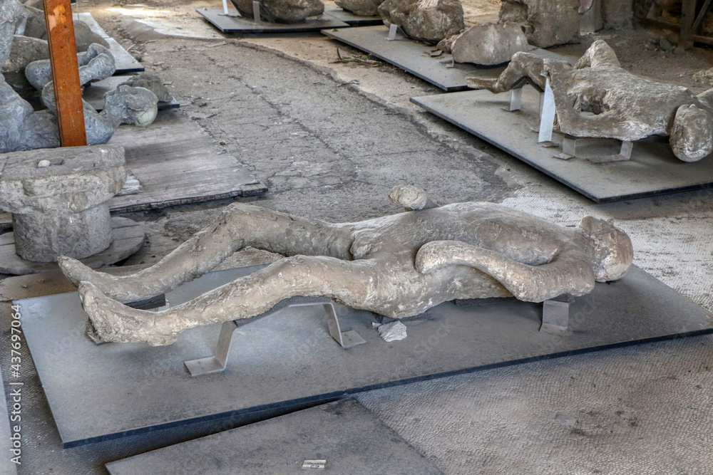 Archaeological Park of Pompeii. Plaster casts of the bodies of men from ...