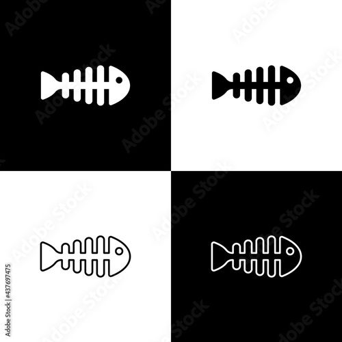 Set Fish skeleton icon isolated on black and white background. Fish bone sign. Vector