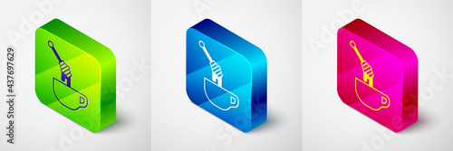 Isometric Honey dipper stick with dripping honey icon isolated on grey background. Honey ladle. Square button. Vector