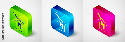 Isometric Honey dipper stick with dripping honey icon isolated on grey background. Honey ladle. Square button. Vector