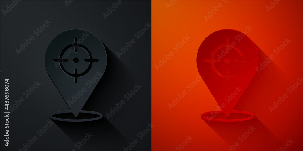 Paper cut Target financial goal concept icon isolated on black and red background. Symbolic goals achievement, success. Paper art style. Vector Paper cut Target financial goal concept icon isolated on black and red background. Symbolic goals achievement, success. Paper art style. Vector