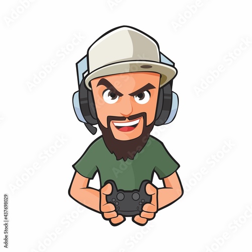 Boy playing video games with a headset, cap and beard