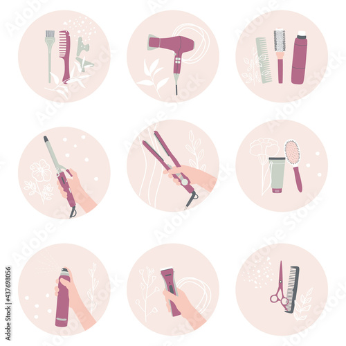 Highlights icons, covers, and stories for hair and beauty salon social media. Template for routine posts. Flat vector illustration