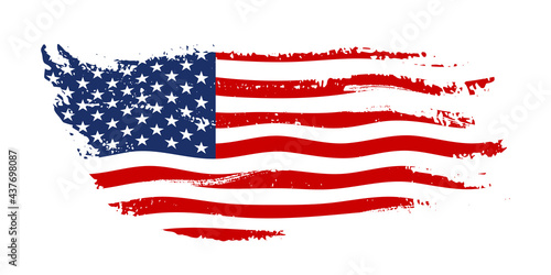 Grunge waving American flag isolated on white background. Scratched USA national symbol. Vector design element.