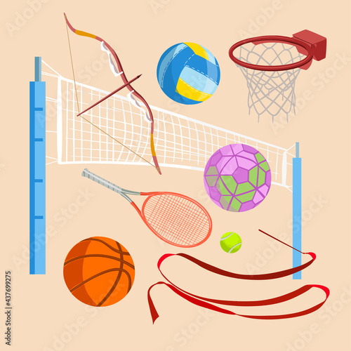 Set of sports equipment different kinds of sports. Vector full color illustrations.