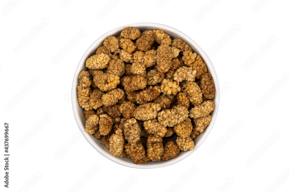 dried mulberry in a bowl on a white background dried mulberry in a bowl on a white background