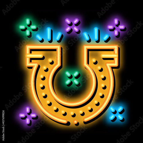 Horseshoe for Good Luck neon light sign vector. Glowing bright icon Horseshoe for Good Luck sign. transparent symbol illustration photo