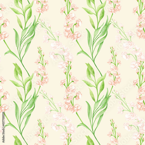 Watercolor floral seamless pattern with blush matthiola flower and leaves. Hand drawn cream rose flower heads on green stem on pastel beige background. Elegant greenery for wallpaper, fabrics.