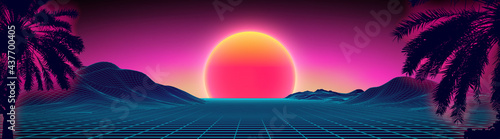 3d sunset on the beach. Retro palms vector sci fi background. Digital landscape cyber surface. 80s party background.
