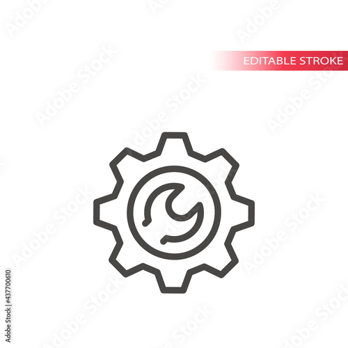 Cogwheel and wrench line vector icon. Gear and spanner symbol, editable stroke.