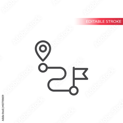 Location pin and route line icon. Flag and map pointer marker outline vector symbol.