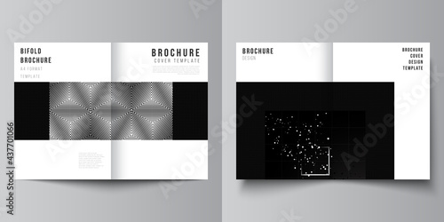 Vector layout of two A4 cover mockups design templates for bifold brochure, flyer, cover design, book design.Black color technology background. Digital visualization of science, medicine, tech concept