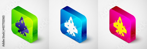 Isometric Jet fighter icon isolated on grey background. Military aircraft. Square button. Vector