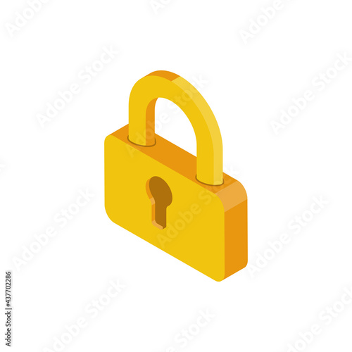 Gold lock. Lock icon isometric style. Vector illustration flat design. Isolated on white background. Symbol of privacy and protection.