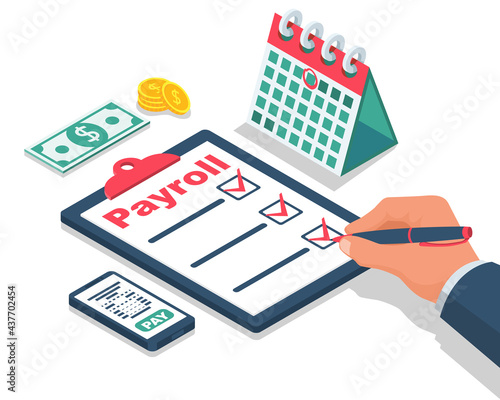 Payroll concept. Salary payment. Businessman signs a revenue sharing document. Landing page, template web design. Vector illustration isometric style. Financial document.