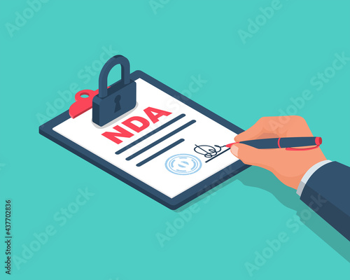 Man signs NDA contract. Contract printing and safety signature. Lock as a symbol of protection, metaphor. Non Disclosure Agreement document. Privacy document. Vector icon.