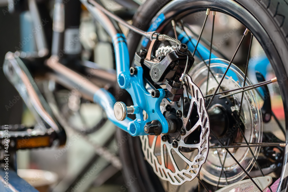 Obraz premium Disc brake on folding bike , Bicycle Maintenance and Repair concept