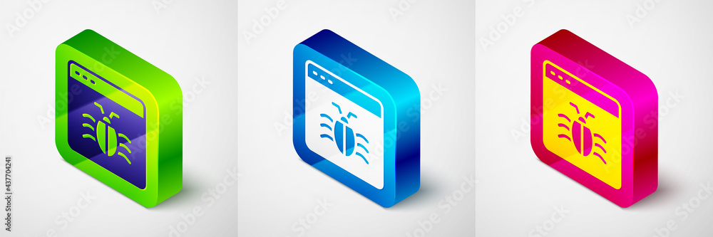 Isometric System bug concept icon isolated on grey background. Code bug concept. Bug in the system. Bug searching. Square button. Vector Isometric System bug concept icon isolated on grey background. Code bug concept. Bug in the system. Bug searching. Square button. Vector