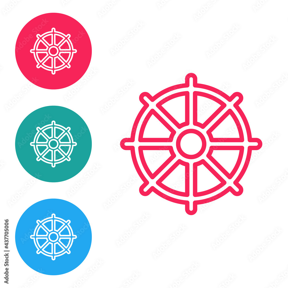 Red line Dharma wheel icon isolated on white background. Buddhism religion sign. Dharmachakra symbol. Set icons in circle buttons. Vector