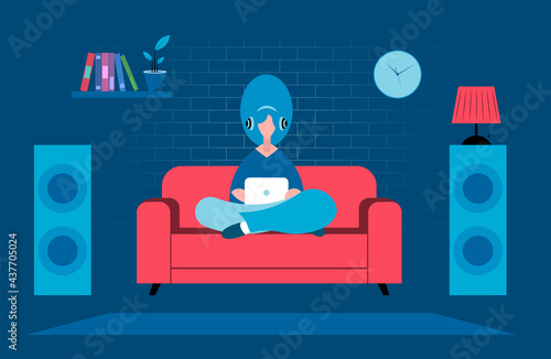 ragazza, persona, ascoltare musica, seduta sul divano