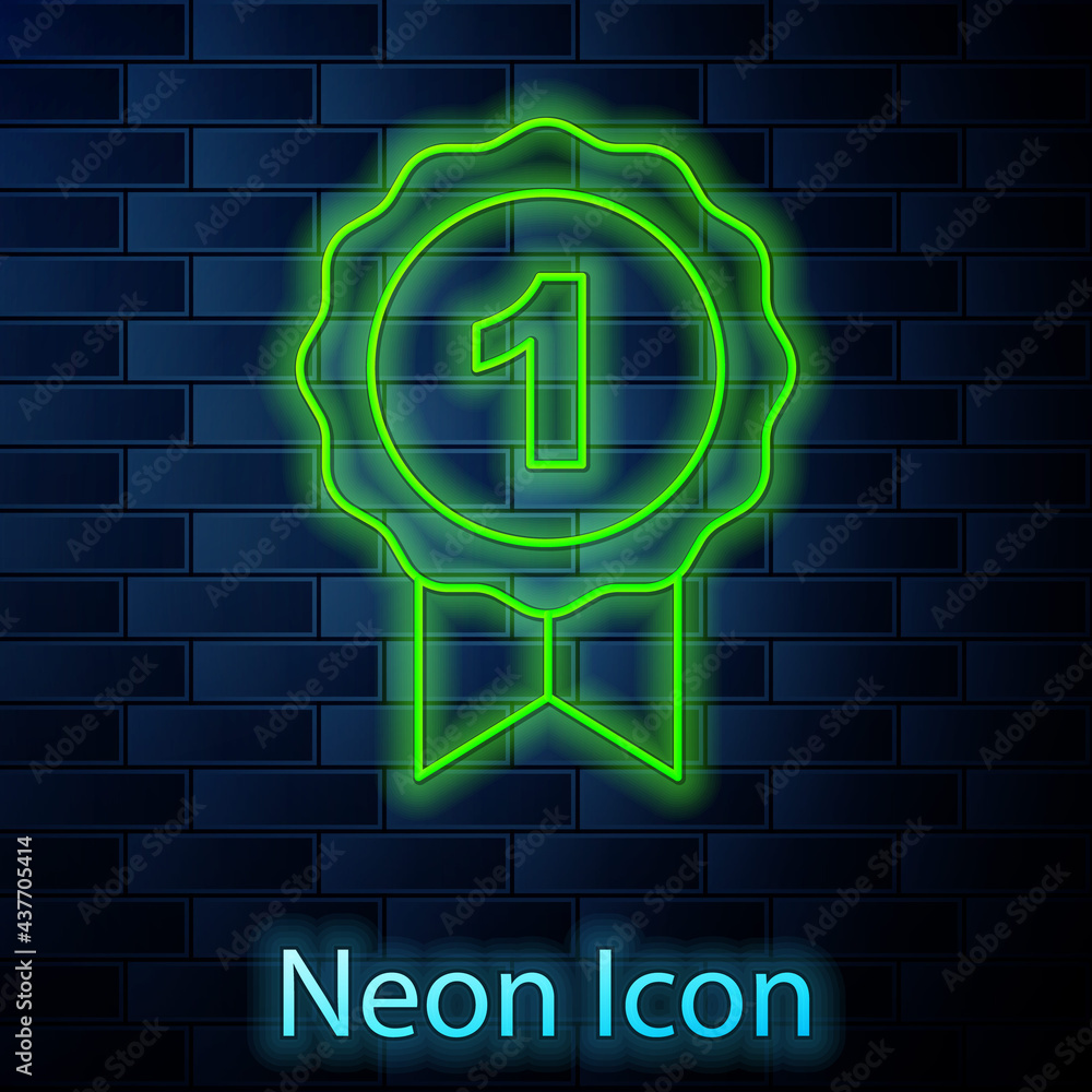 Glowing neon line Dog award symbol icon isolated on brick wall background. Medal with dog footprint as pets exhibition winner concept. Vector Glowing neon line Dog award symbol icon isolated on brick wall background. Medal with dog footprint as pets exhibition winner concept. Vector
